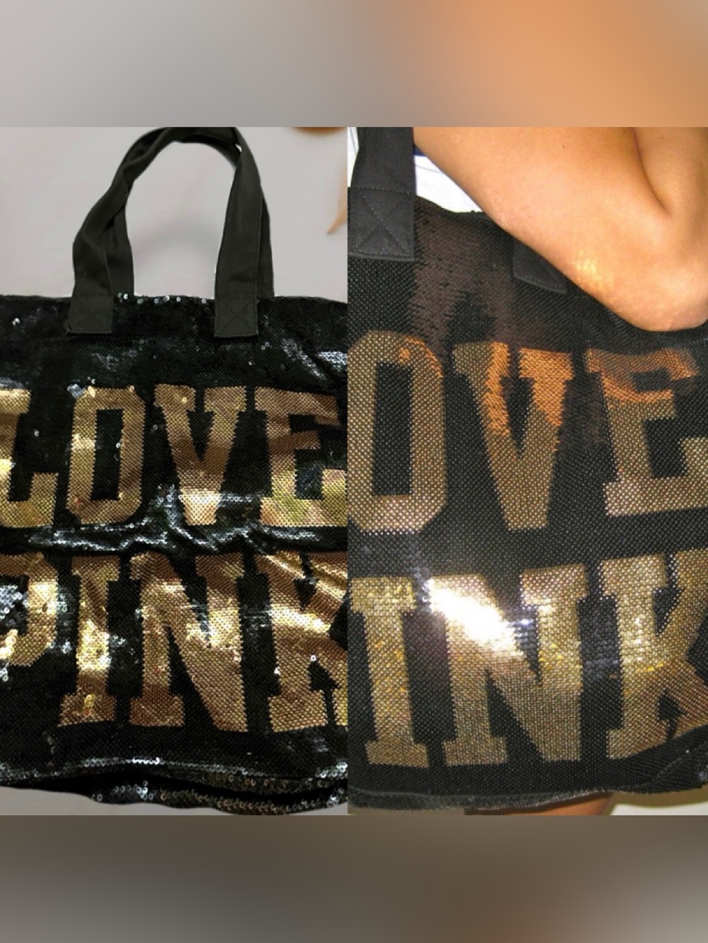 Victoria's Secret Black and Gold Sequin 'LOVE PINK ' Tote
